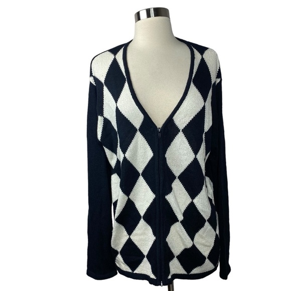 Vintage Joan Leslie Navy and White Argyle Knit Cardigan - Size M - Picture 2 of 5